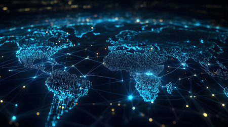 Global network background with connection paths and data points. Ideal for internet, cloud systems, or global tech branding.の写真素材