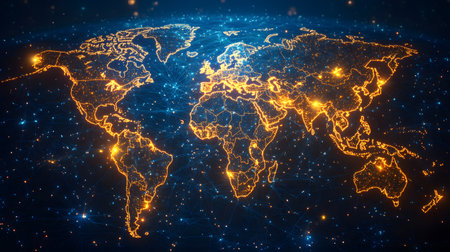 Global network background with connection paths and data points. Ideal for internet, cloud systems, or global tech branding.の写真素材