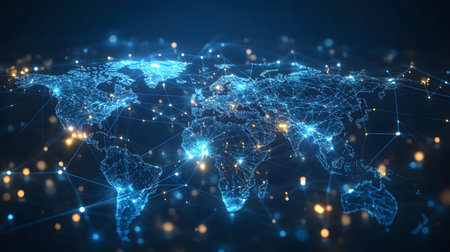 Global network background with connection paths and data points. Ideal for internet, cloud systems, or global tech branding.の写真素材