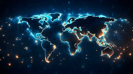 Global network background with connection paths and data points. Ideal for internet, cloud systems, or global tech branding.の写真素材