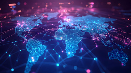 Global network background with connection paths and data points. Ideal for internet, cloud systems, or global tech branding.の写真素材