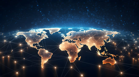 Global network background with connection paths and data points. Ideal for internet, cloud systems, or global tech branding.の写真素材