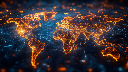 Global network background with connection paths and data points. Ideal for internet, cloud systems, or global tech branding.の写真素材