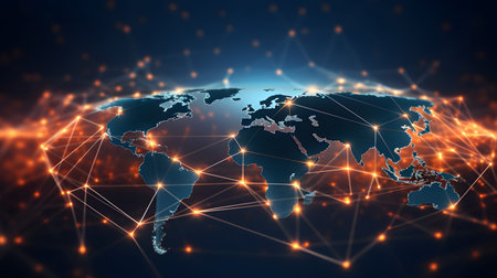 Global network background with connection paths and data points. Ideal for internet, cloud systems,...