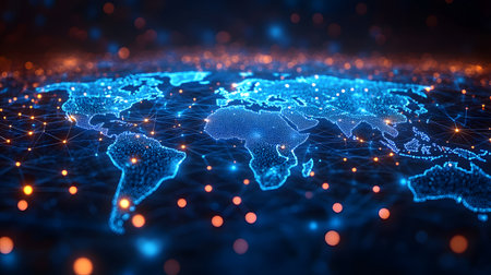 Global network background with connection paths and data points. Ideal for internet, cloud systems, or global tech branding.の写真素材