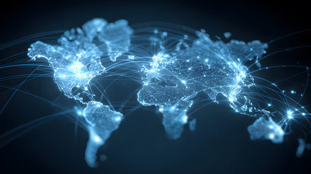 Global network background with connection paths and data points. Ideal for internet, cloud systems,...