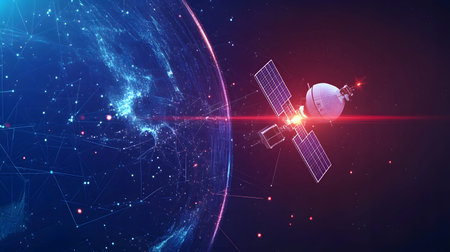 Satellite and signal transmission background with radar and orbit visuals. Great for aerospace, communication tech, and data systems.の写真素材