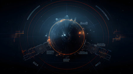 Satellite and signal transmission background with radar and orbit visuals. Great for aerospace, communication tech, and data systems.の写真素材