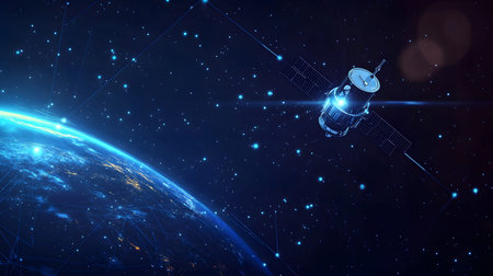 Satellite and signal transmission background with radar and orbit visuals. Great for aerospace,...