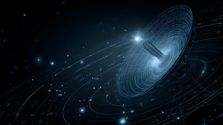 Satellite and signal transmission background with radar and orbit visuals. Great for aerospace,...