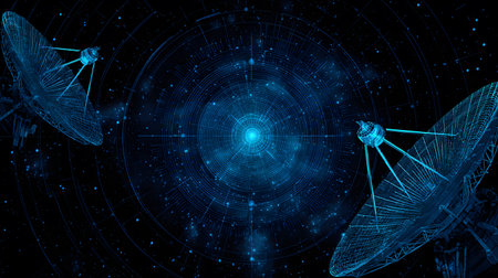 Satellite and signal transmission background with radar and orbit visuals. Great for aerospace,...