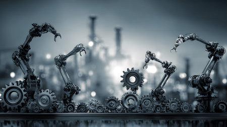 Industrial-themed background with robotic and automation visuals. Ideal for smart factory, robotics, and industrial tech design.の写真素材