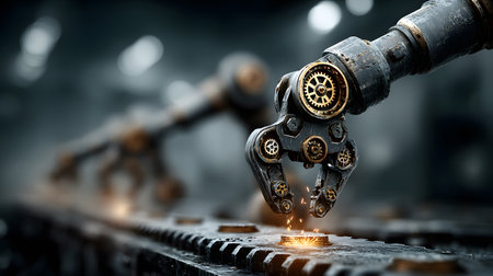 Industrial-themed background with robotic and automation visuals. Ideal for smart factory, robotics, and industrial tech design.の写真素材