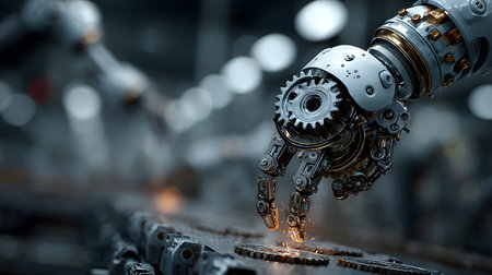 Industrial-themed background with robotic and automation visuals. Ideal for smart factory, robotics, and industrial tech design.の写真素材