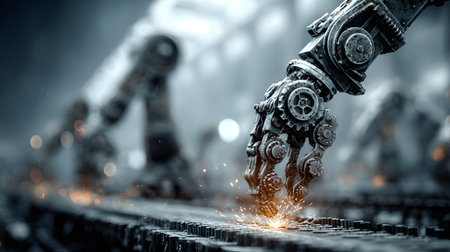 Industrial-themed background with robotic and automation visuals. Ideal for smart factory, robotics, and industrial tech design.の写真素材