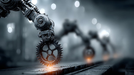 Industrial-themed background with robotic and automation visuals. Ideal for smart factory, robotics, and industrial tech design.の写真素材