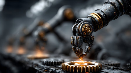 Industrial-themed background with robotic and automation visuals. Ideal for smart factory, robotics, and industrial tech design.の写真素材