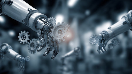 Industrial-themed background with robotic and automation visuals. Ideal for smart factory, robotics, and industrial tech design.の写真素材