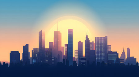 Minimal modern cityscape background with clean lines and geometric shapes. Ideal for architecture themes and presentation use.の写真素材