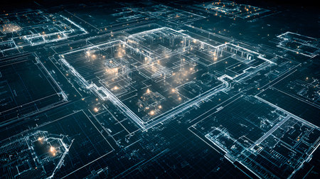 Blueprint-style background showing floor plans and measurements. Perfect for architecture presentations, engineering, and design sketches.の写真素材