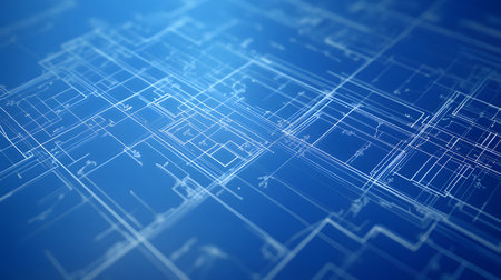 Blueprint-style background showing floor plans and measurements. Perfect for architecture presentations, engineering, and design sketches.の写真素材