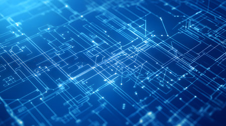 Blueprint-style background showing floor plans and measurements. Perfect for architecture presentations, engineering, and design sketches.の写真素材