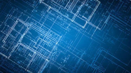 Blueprint-style background showing floor plans and measurements. Perfect for architecture presentations, engineering, and design sketches.の写真素材