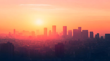 Silhouetted buildings under a warm sunset sky. Great for architectural mood boards, background for text, or elegant scenes.の写真素材