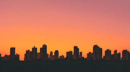 Silhouetted buildings under a warm sunset sky. Great for architectural mood boards, background for text, or elegant scenes.の写真素材