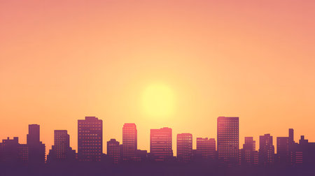 Silhouetted buildings under a warm sunset sky. Great for architectural mood boards, background for text, or elegant scenes.の写真素材