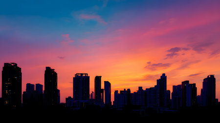 Silhouetted buildings under a warm sunset sky. Great for architectural mood boards, background for text, or elegant scenes.の写真素材