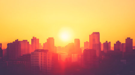 Silhouetted buildings under a warm sunset sky. Great for architectural mood boards, background for text, or elegant scenes.の写真素材