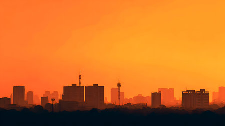 Silhouetted buildings under a warm sunset sky. Great for architectural mood boards, background for text, or elegant scenes.の写真素材