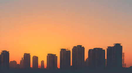 Silhouetted buildings under a warm sunset sky. Great for architectural mood boards, background for text, or elegant scenes.の写真素材