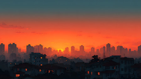 Silhouetted buildings under a warm sunset sky. Great for architectural mood boards, background for...