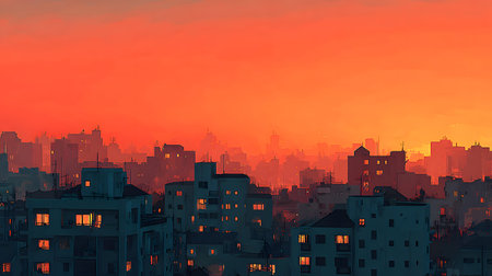 Silhouetted buildings under a warm sunset sky. Great for architectural mood boards, background for...
