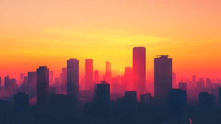 Silhouetted buildings under a warm sunset sky. Great for architectural mood boards, background for text, or elegant scenes.の写真素材
