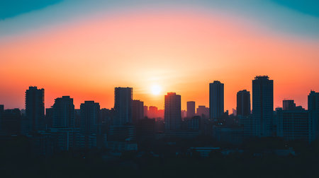 Silhouetted buildings under a warm sunset sky. Great for architectural mood boards, background for...
