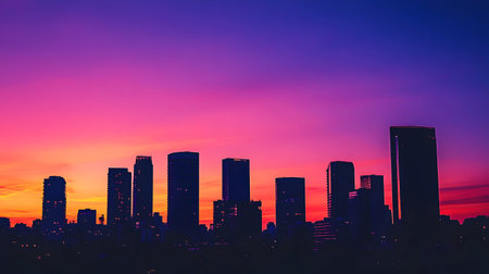 Silhouetted buildings under a warm sunset sky. Great for architectural mood boards, background for...