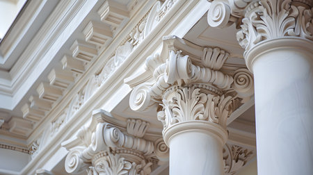 Classical architecture elements with decorative columns. Ideal for luxury, history, or architectural presentation themes.の写真素材
