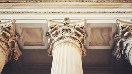 Classical architecture elements with decorative columns. Ideal for luxury, history, or architectural presentation themes.の写真素材