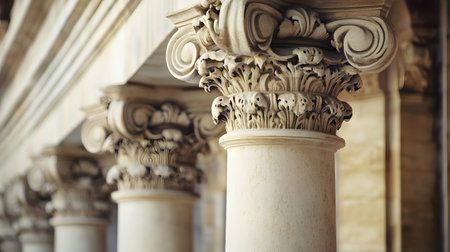 Classical architecture elements with decorative columns. Ideal for luxury, history, or architectural presentation themes.の写真素材
