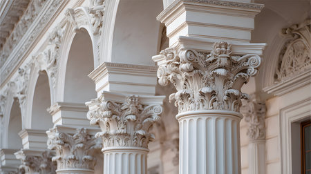 Classical architecture elements with decorative columns. Ideal for luxury, history, or architectural presentation themes.の写真素材