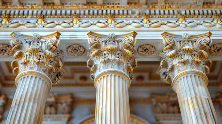 Classical architecture elements with decorative columns. Ideal for luxury, history, or architectural presentation themes.の写真素材