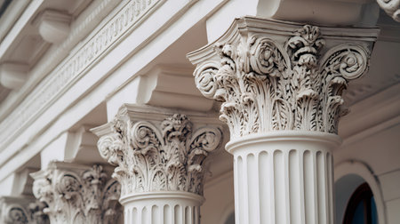 Classical architecture elements with decorative columns. Ideal for luxury, history, or architectural presentation themes.の写真素材