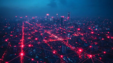 Futuristic smart city background with IoT-style connections and eco design. Perfect for urban tech, smart living, and innovation visuals.の写真素材
