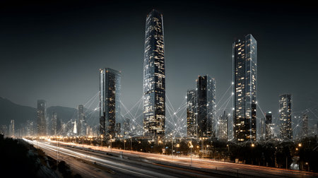 Futuristic smart city background with IoT-style connections and eco design. Perfect for urban tech,...