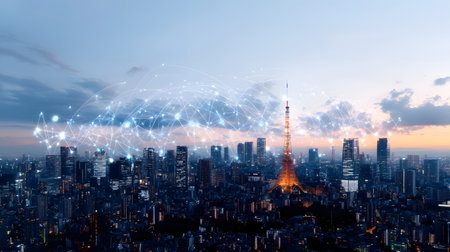 Futuristic smart city background with IoT-style connections and eco design. Perfect for urban tech, smart living, and innovation visuals.の写真素材