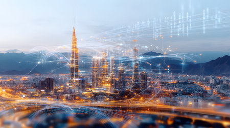 Futuristic smart city background with IoT-style connections and eco design. Perfect for urban tech, smart living, and innovation visuals.の写真素材