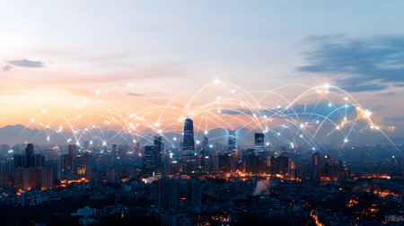 Futuristic smart city background with IoT-style connections and eco design. Perfect for urban tech,...